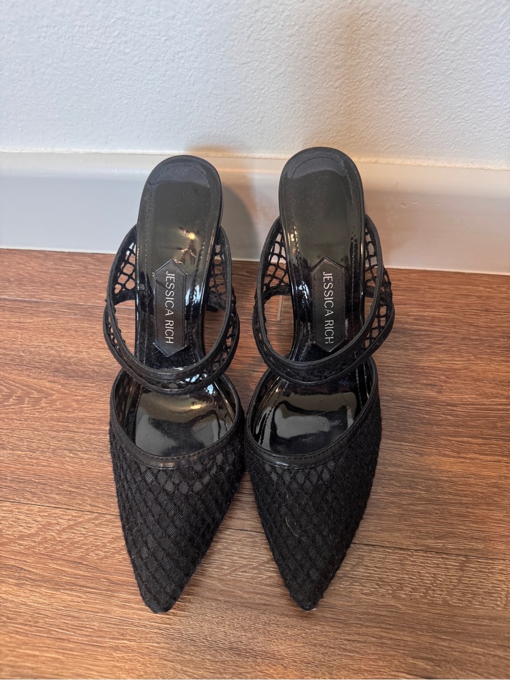 Jessica Rich Black Pointed Mesh Double-Strap Heels